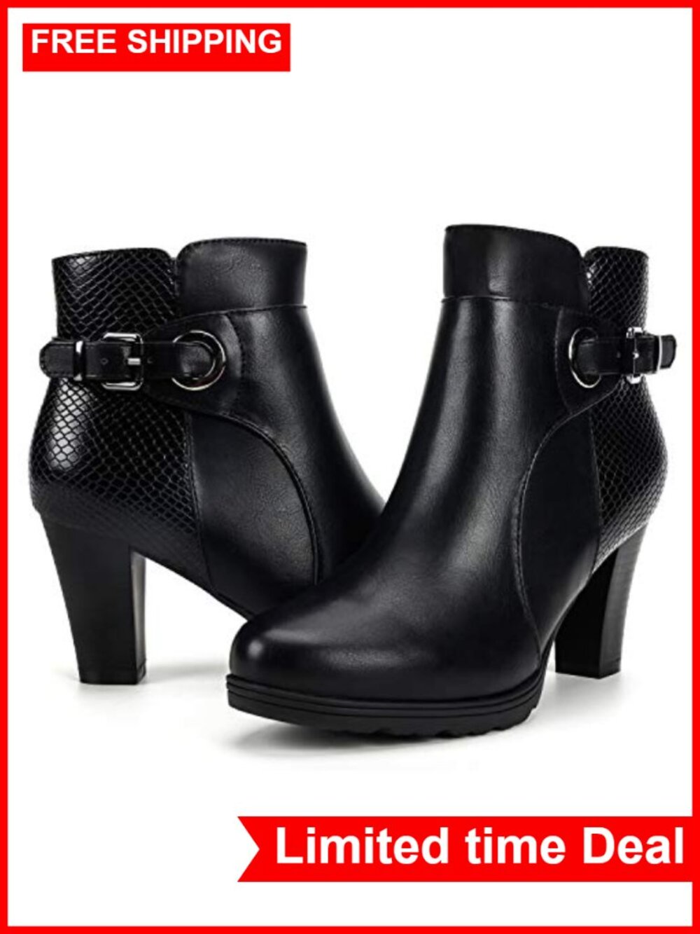 Chunky Stacked Heel Ankle Boots Side Zipper Buckle Booties